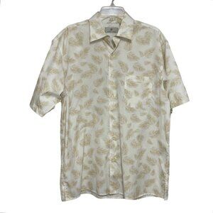 BOBBY CHAN Men's Casual Button-Up Shirt Medium White Tan‎ Fronds Hawaiian Summer
